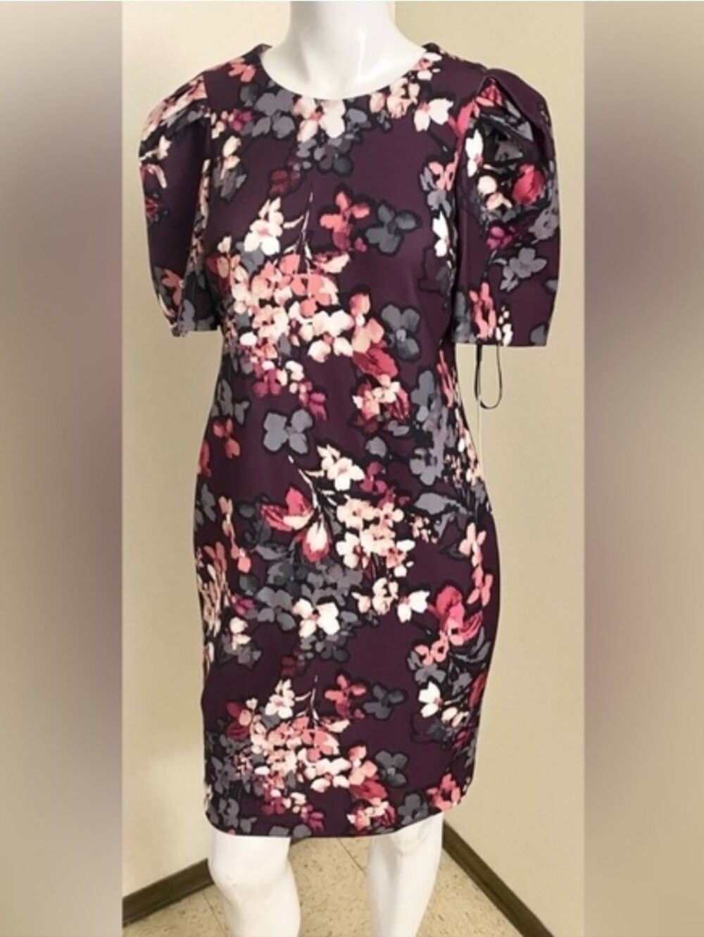 Calvin Klein Plum Floral Midi Dress with Pink and Cream Accents